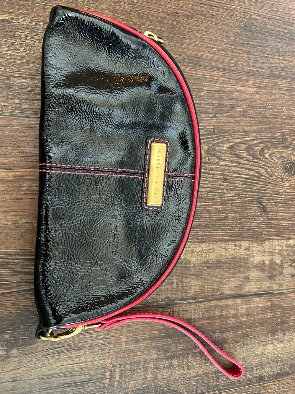 VTG Isabella Fiore Black Patent Leather Wristlet Half Moon Red Trim Pink Stitch